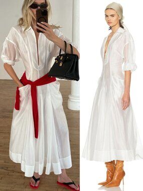 Helsa The Musee Midi Dress White Deep V Long Sleeve Size S